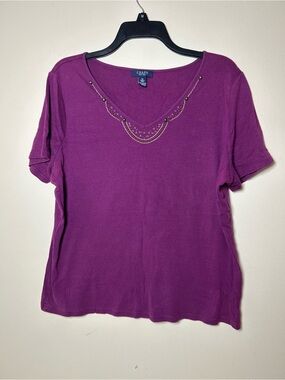 Chaps Women's Deep Purple Short Sleeve V-Neck Tee with Neckline Beading
